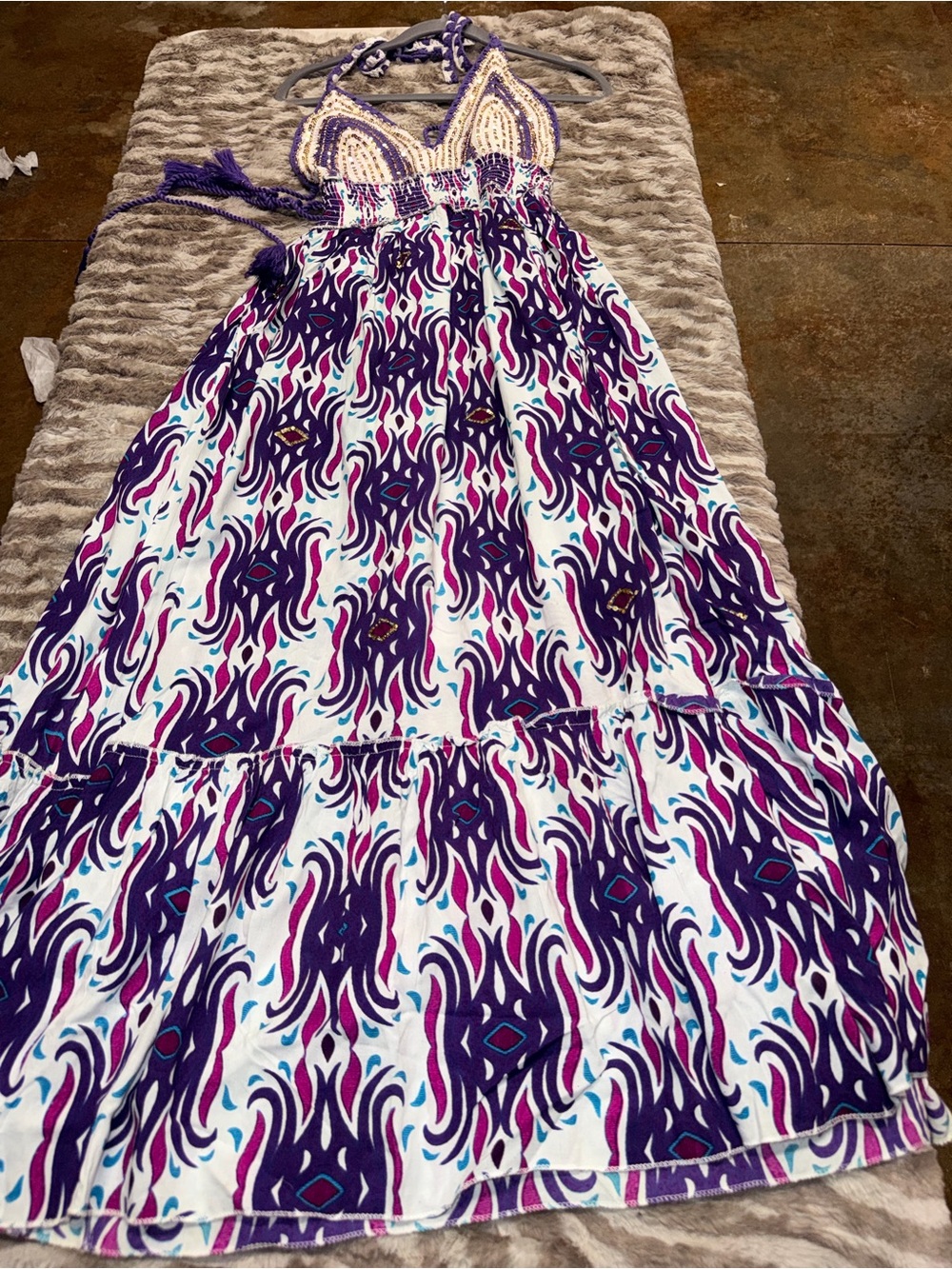 Boho Crochet Halter Maxi Dress in Purple & White
